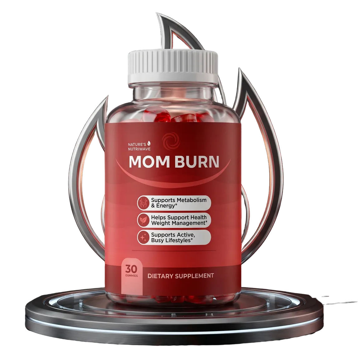 MomBurn ACV and BHB weight loss gummies bottle on a lit metabolic pedestal
